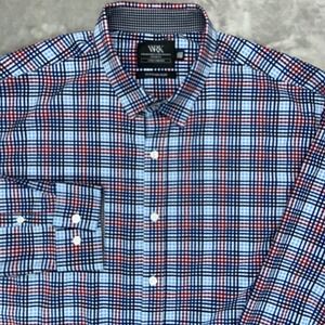 WRK 4Way Stretch Shirt Men's 2XL Blue‎ Plaid Flip Cuff Standard Slim Long Sleeve